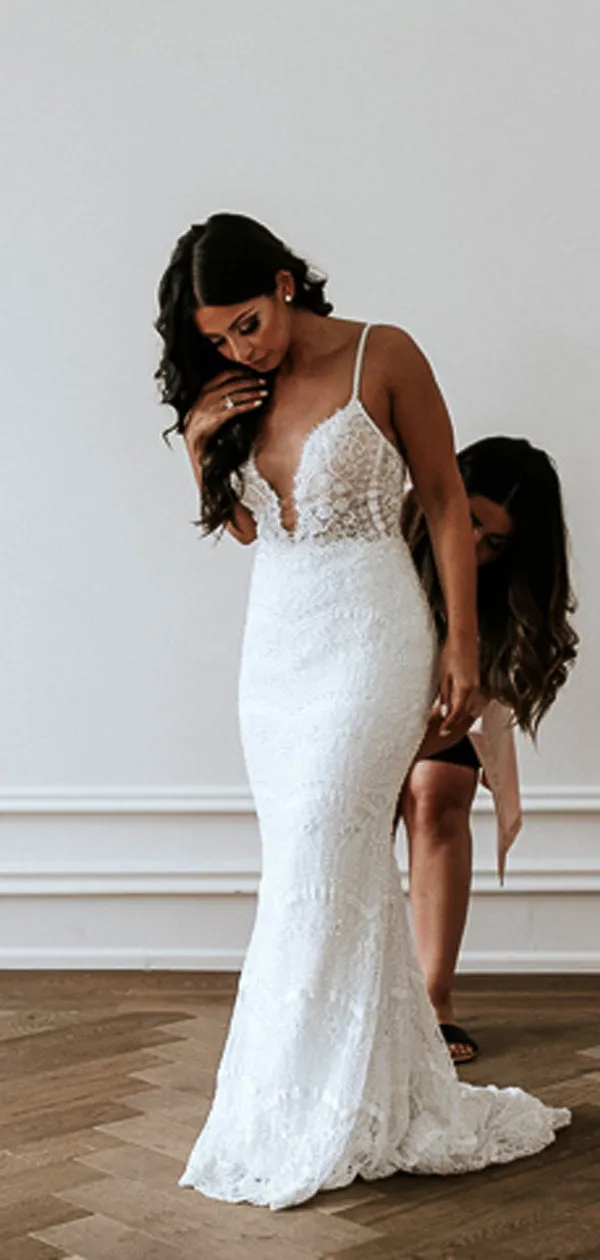 Stunning Lace Shiny Beads Mermaid Wedding Dresses