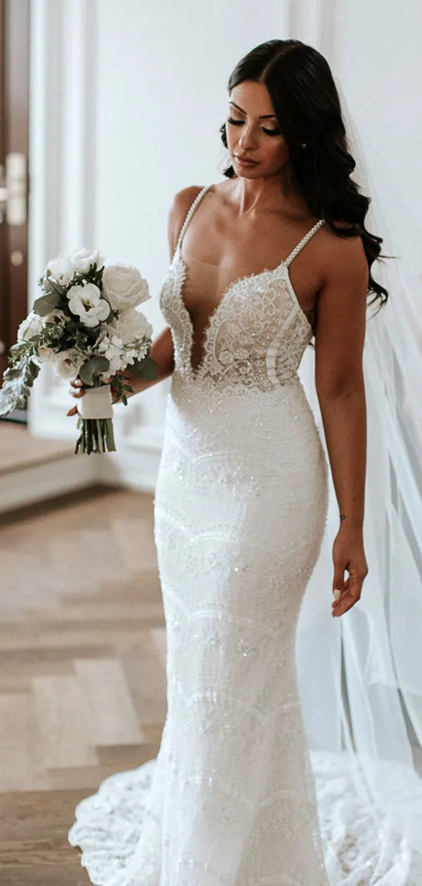 Stunning Lace Shiny Beads Mermaid Wedding Dresses