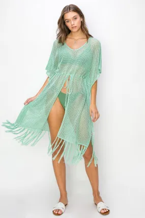 Stylish Drawstring Waist Cover Up with Fringed Hem