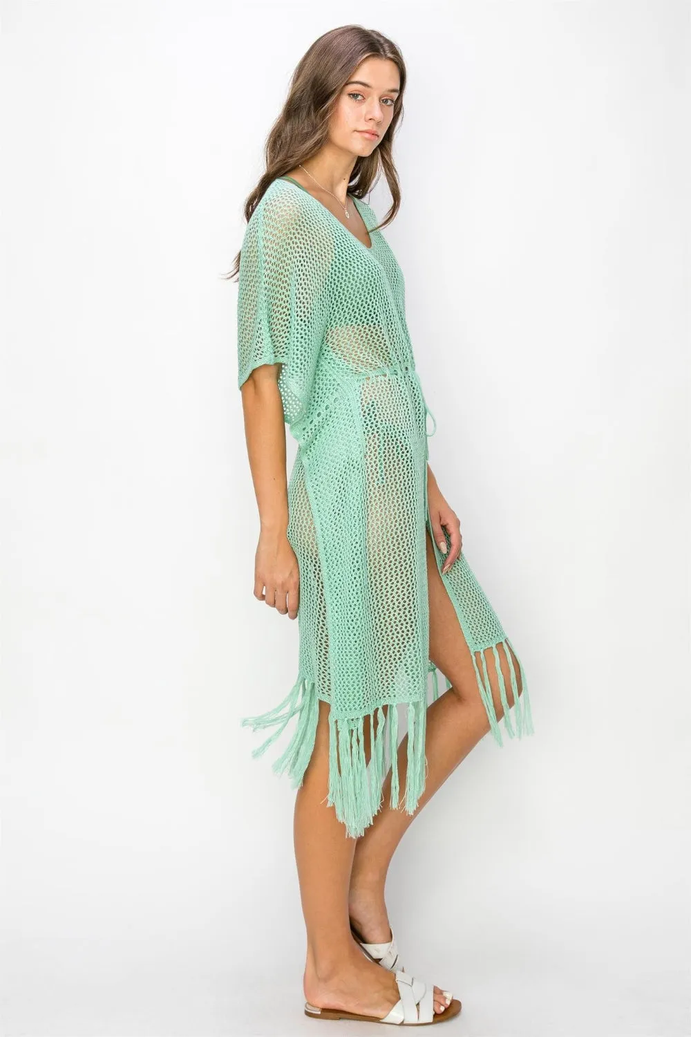 Stylish Drawstring Waist Cover Up with Fringed Hem