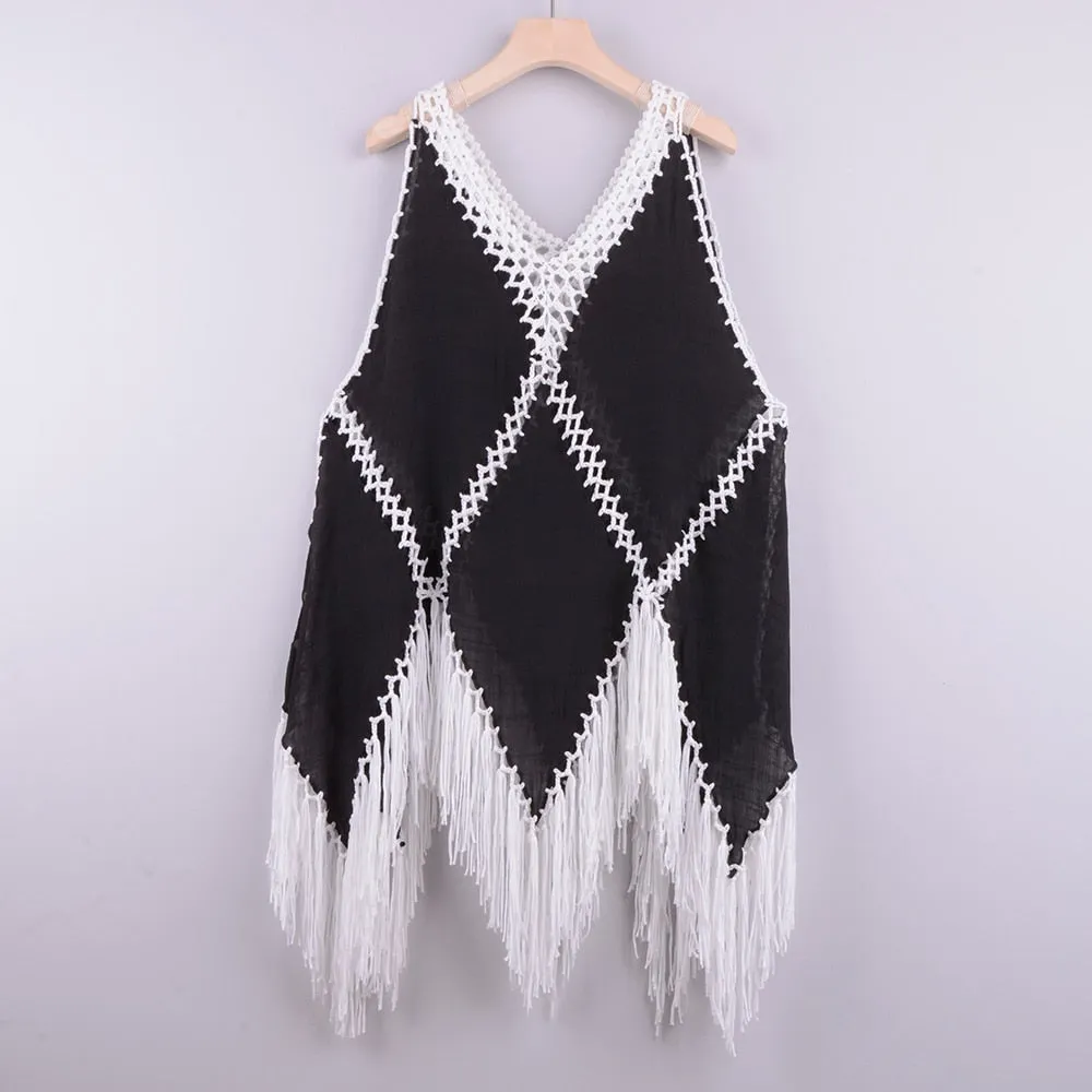 Women's Wave Print Acrylic Fringed Beachwear Cover Up