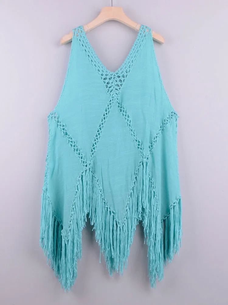 Women's Wave Print Acrylic Fringed Beachwear Cover Up