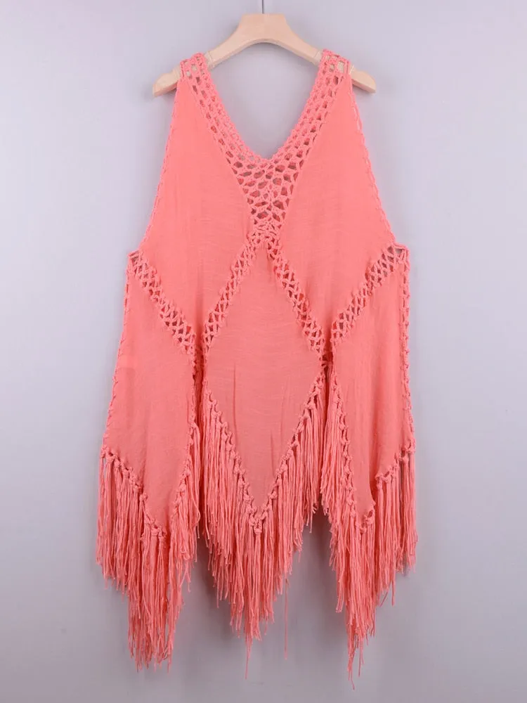 Women's Wave Print Acrylic Fringed Beachwear Cover Up