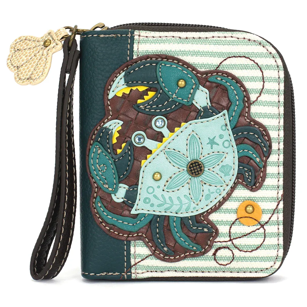 Teal Stripe Zip-Around Wallet with Crab Design