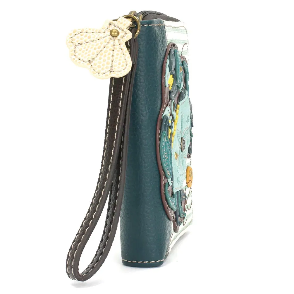 Teal Stripe Zip-Around Wallet with Crab Design