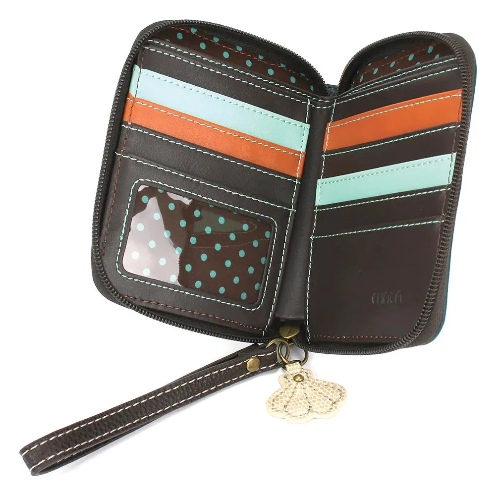 Teal Stripe Zip-Around Wallet with Crab Design