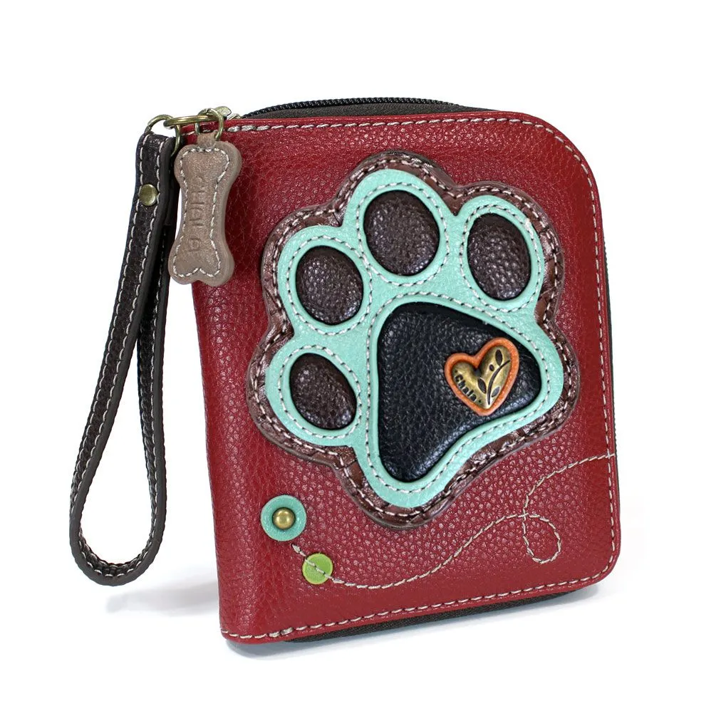 Teal Burgundy Zip-Around Wallet with Paw Print