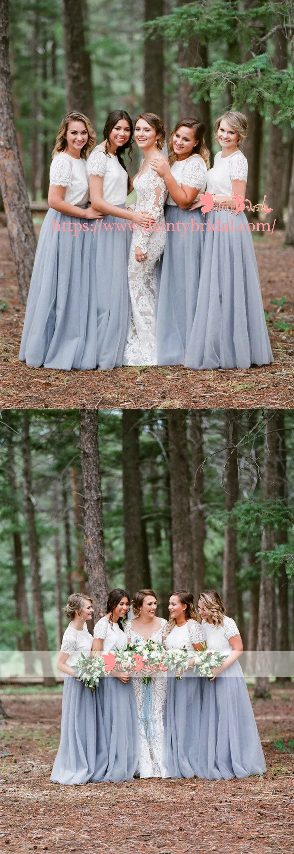 Grey Tulle Bridesmaid Dresses with Lace Top and Short Sleeves