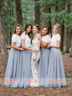 Grey Tulle Bridesmaid Dresses with Lace Top and Short Sleeves