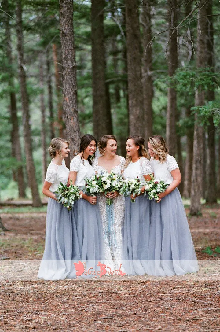 Grey Tulle Bridesmaid Dresses with Lace Top and Short Sleeves