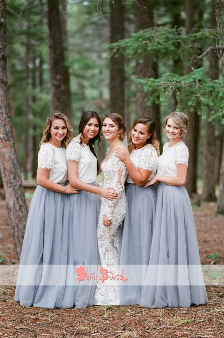 Grey Tulle Bridesmaid Dresses with Lace Top and Short Sleeves