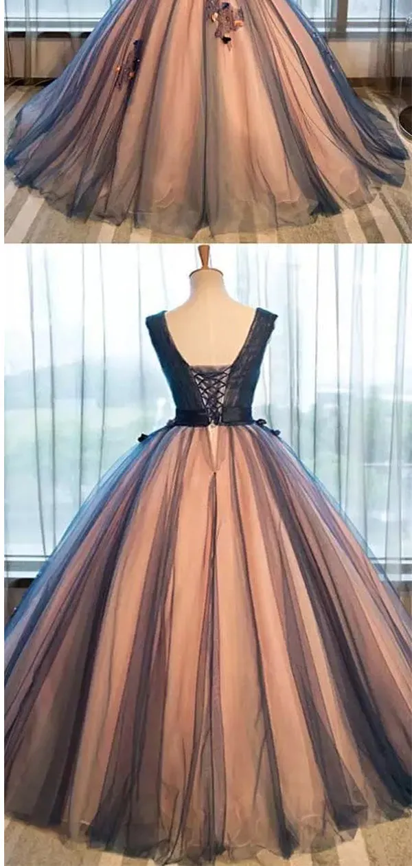 Black Tulle Applique Prom Dress with V-neck