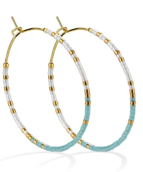 Stylish Miyuki Delica Beaded Hoop Earrings - White/Blue