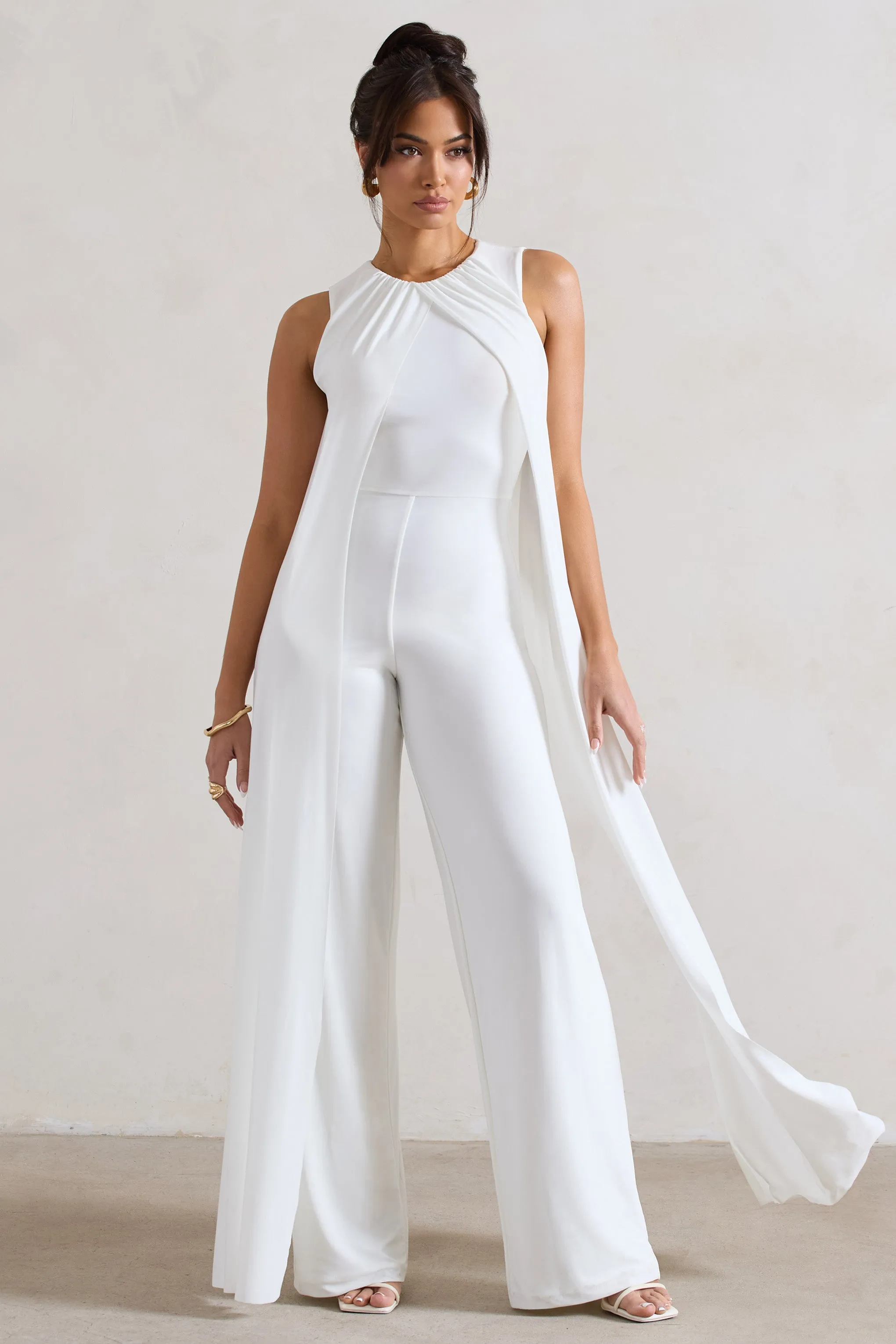 White High-Neck Wide-Leg Jumpsuit With Cape