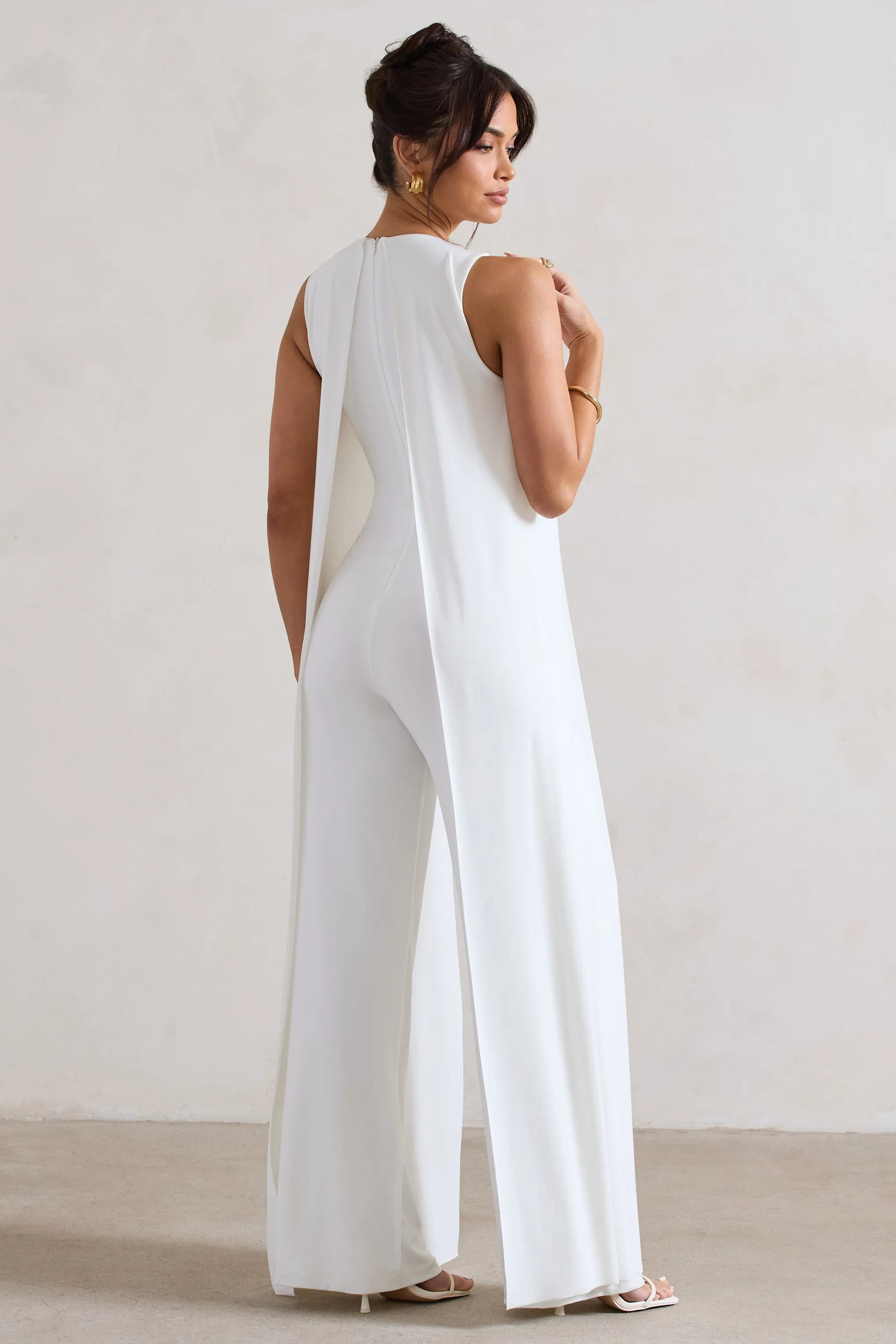 White High-Neck Wide-Leg Jumpsuit With Cape