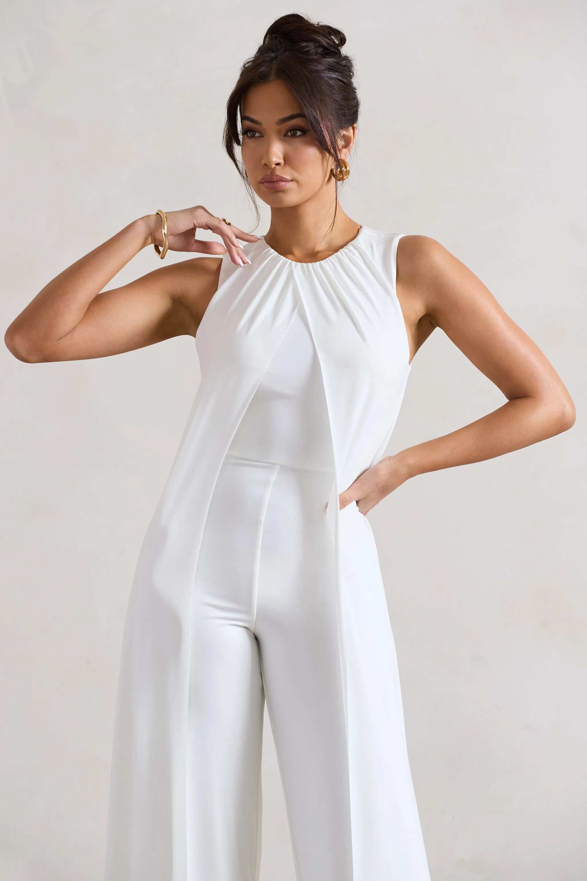 White High-Neck Wide-Leg Jumpsuit With Cape