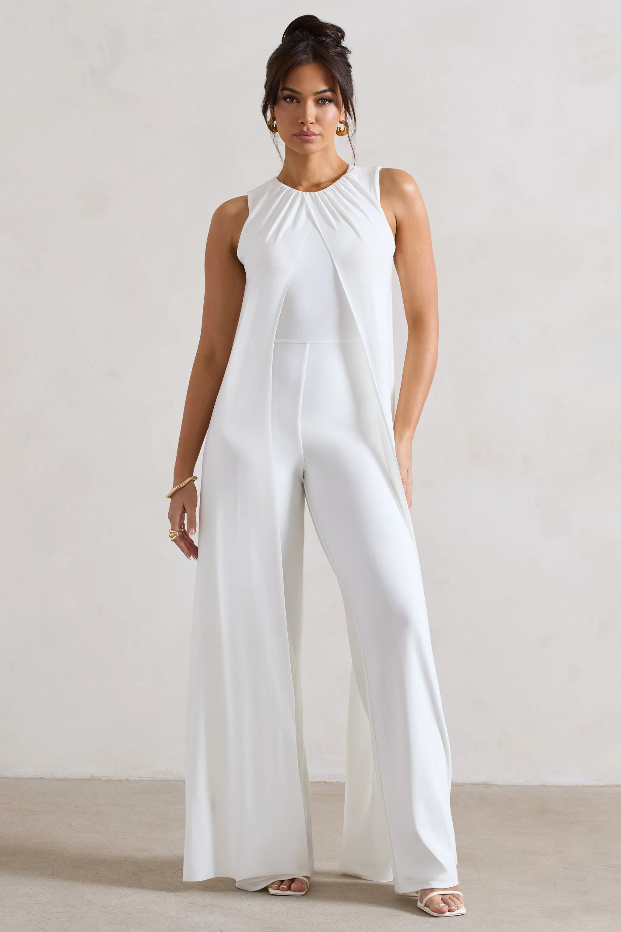 White High-Neck Wide-Leg Jumpsuit With Cape