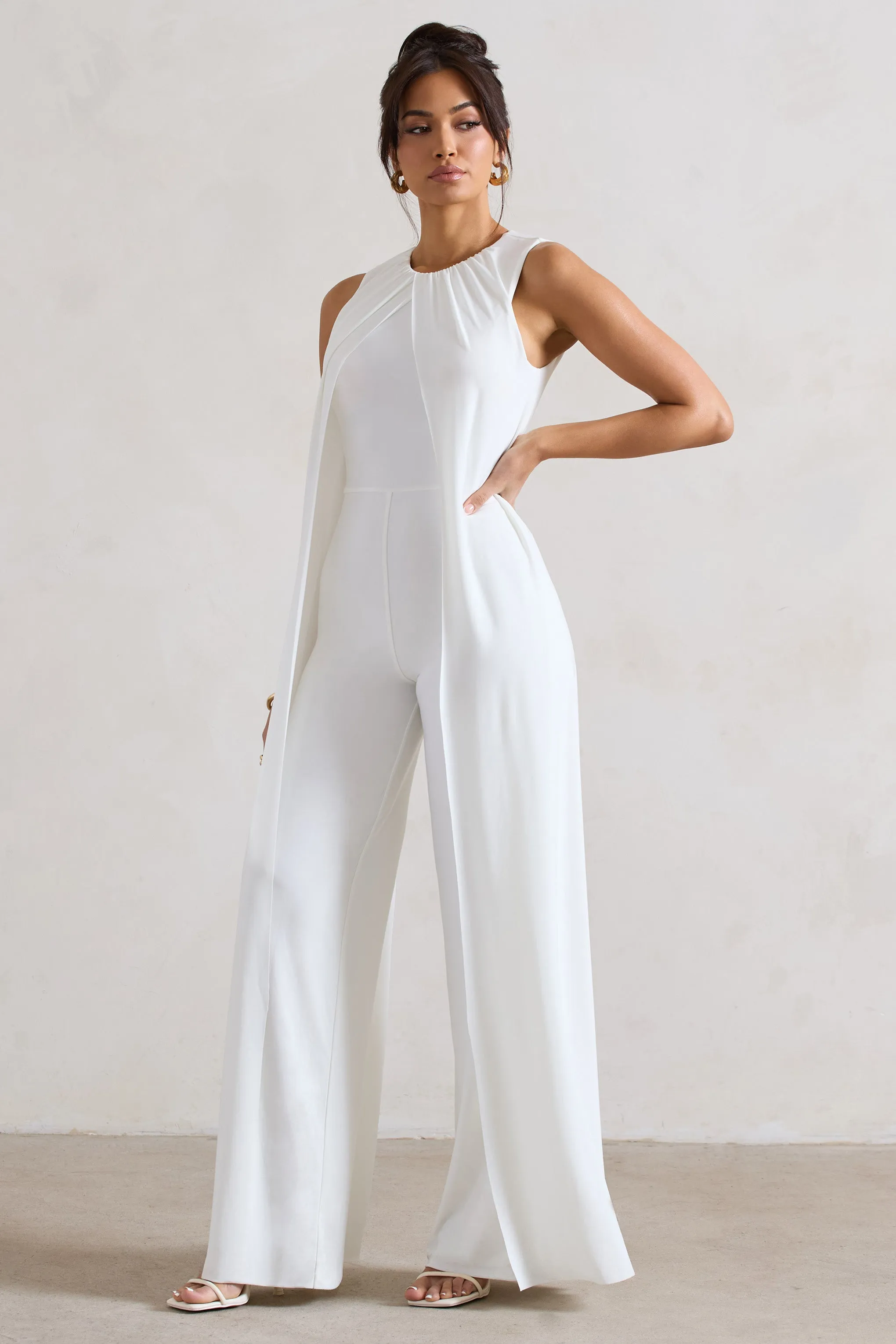 White High-Neck Wide-Leg Jumpsuit With Cape