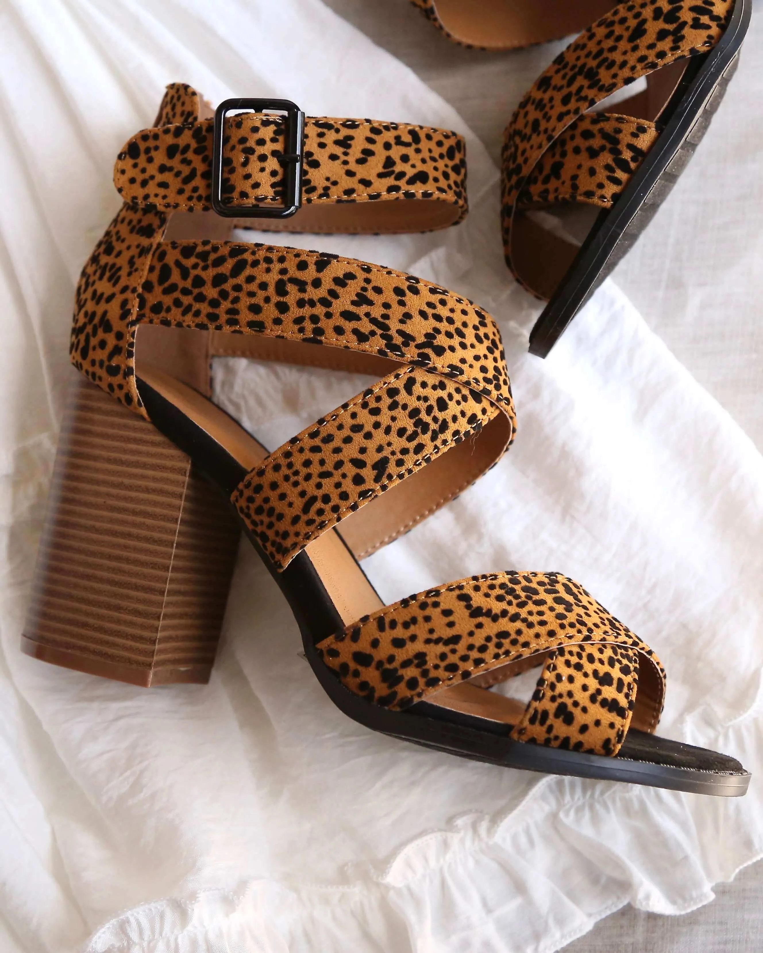 Wild Night Out Textured Suede Open Toe Camel/Black Leopard Sandals