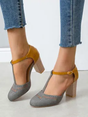 Grey T-Strap Heels Women's Round Toe Chunky Heel Pumps