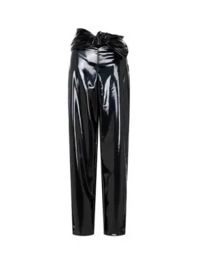 Black Glossy Belted Stretch Pants for Women