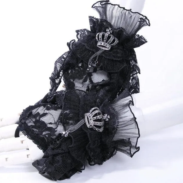 Women's Black Gothic Crown Half-finger Ruffled Lace Gloves