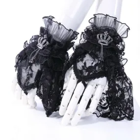 Women's Black Gothic Crown Half-finger Ruffled Lace Gloves