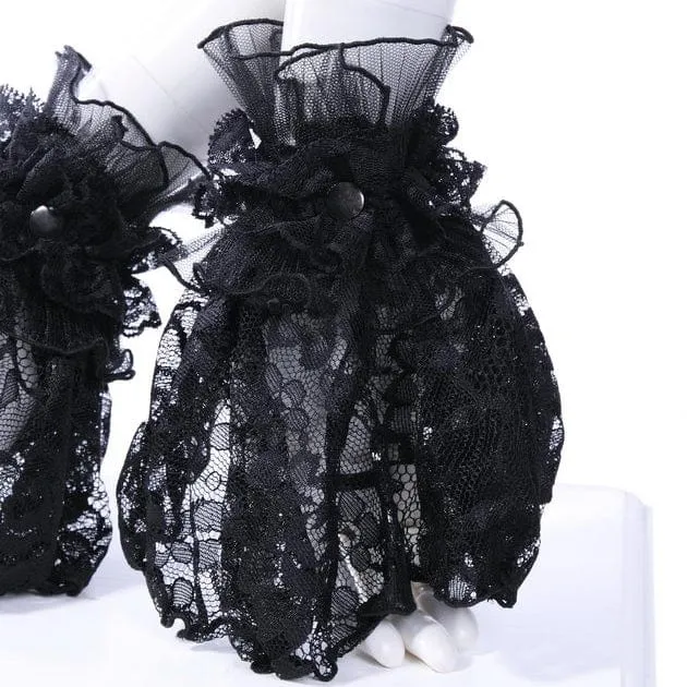 Women's Black Gothic Crown Half-finger Ruffled Lace Gloves