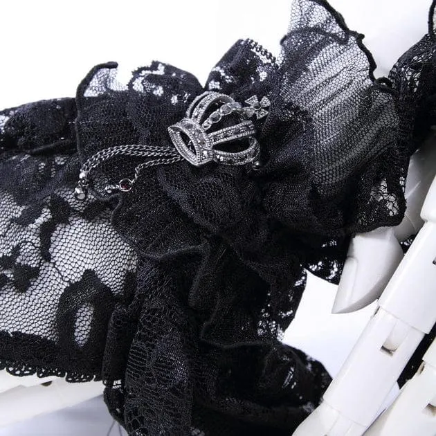 Women's Black Gothic Crown Half-finger Ruffled Lace Gloves