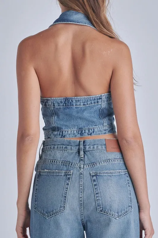 Hidden Denim Halter Crop Top