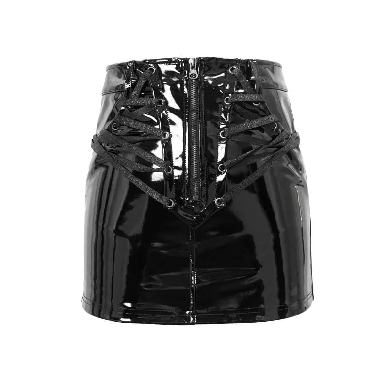 Women's Punk Faux Leather Skirt with Front Zipper and Lace-Up Detail