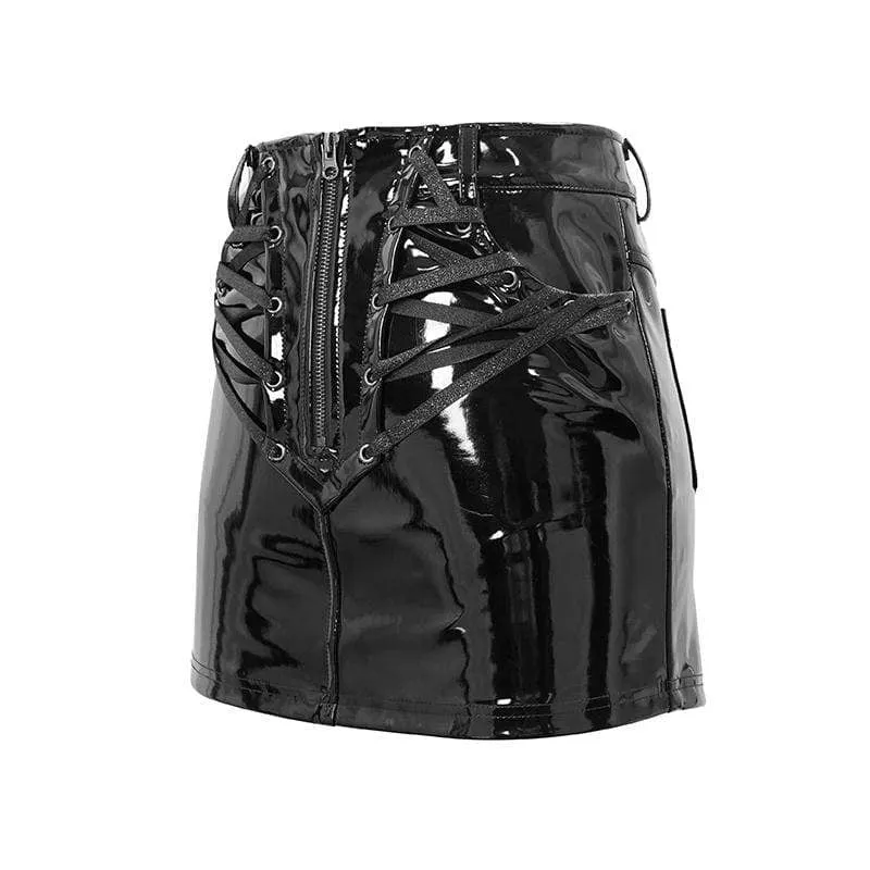 Women's Punk Faux Leather Skirt with Front Zipper and Lace-Up Detail