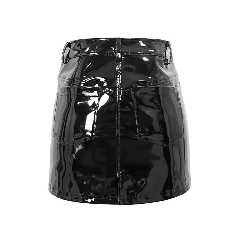 Women's Punk Faux Leather Skirt with Front Zipper and Lace-Up Detail