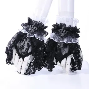 Women's White Gothic Crown Half-finger Ruffled Lace Gloves